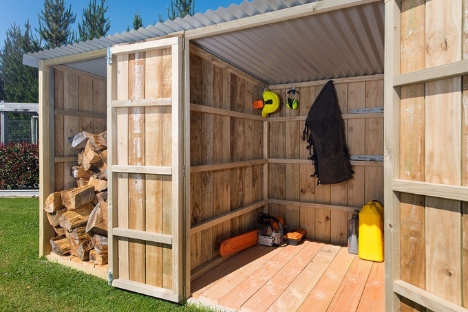  wooden shed with custom shelves &amp; storage solutions